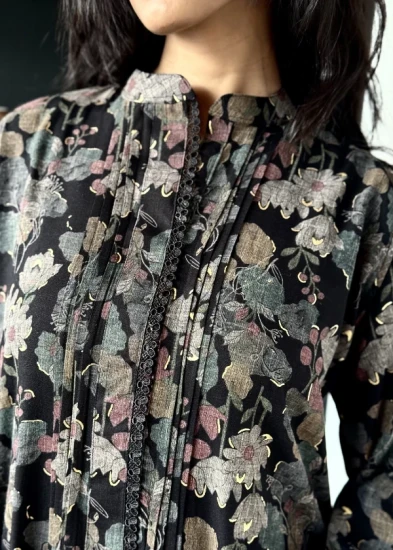 Elegant Charcoal Floral Tunic with Vertical Pintucks