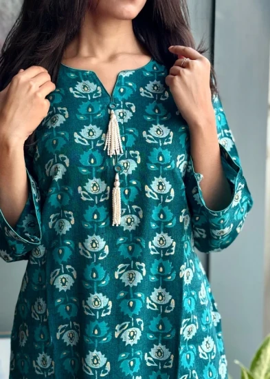 Modern Teal Ethnic Kurti featuring Tiered Pearl Tassels and Lotus Motifs
