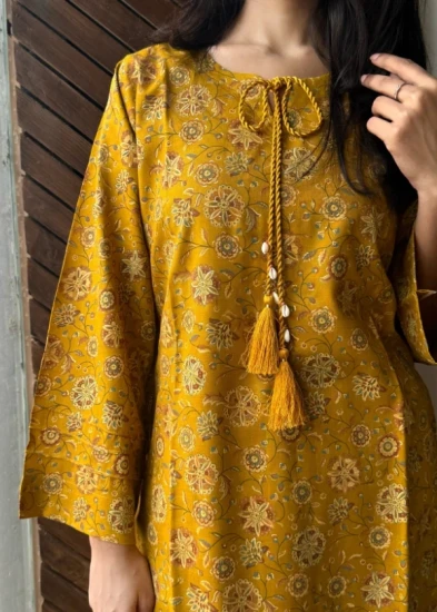 Intricate Flower Print Cotton Kurta in Ochre Yellow