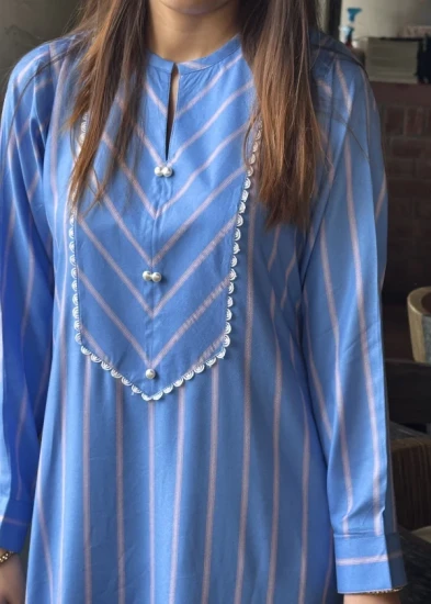 Pastel Blue Striped KurtI with Delicate Lace Chevron Yoke