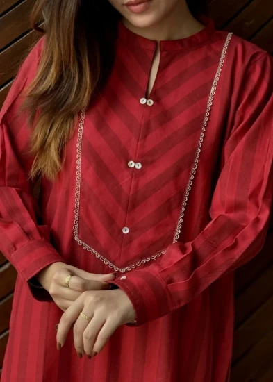 Striped Mandarin Collar Kurta with Pearl Buttons