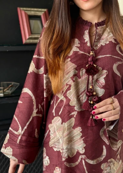 Wine Floral Ruffle-Neck