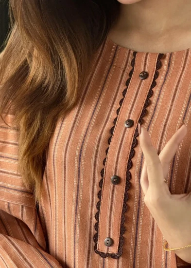 The Artisan Earth-Stripe Kurti with Lace Trim