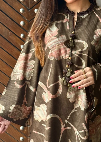Earthy Floral Ruffle-Neck Tunic