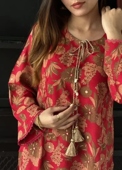 Vibrant Floral Cotton Kurta with Scalloped Lace Cuffs