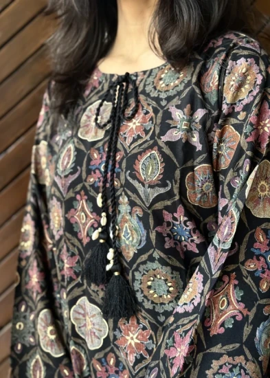 Black Multi-Color Floral Kurti with Cowrie Shell Tassels