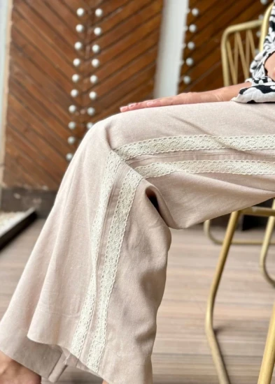 Oatmeal Textured Pant with Dual Guipure Lace Trim